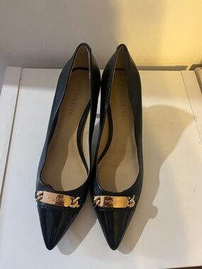 COACH BOWERY BLACK PATENT POINTED TIE WITH GOLD LOGO